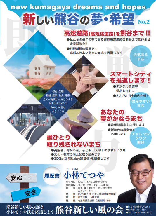 新しい熊谷の夢・希望 No.2 高速道路（高規格道路）を熊谷まで!!　活気あるまち スマートシティを推進します！　住みやすいまち あなたの夢がかなうまち　チャレンジタウン熊谷 誰ひとり取り残されないまち